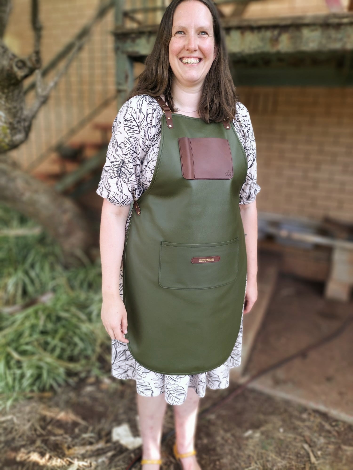 Leather Apron - Green and Golden Brown